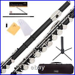 Mendini 16-Key Closed Hole C Flute For Beginners withCase, Stand & Book Black