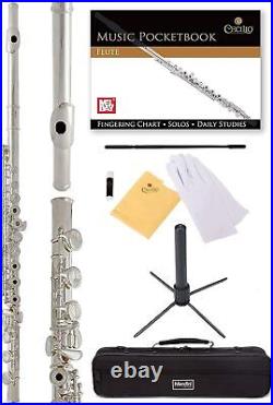 Mendini By Cecilio 17-Key Open Hole C Flute withStand, Book & Case Silver