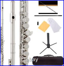 Mendini by Cecilio Premium Grade Closed Hole C Flute with Stand, Nickel Plated