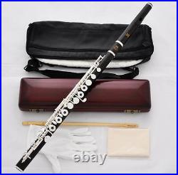 Professional Grenadilla Ebony Wooden Silver Flute C Foot 16 Open Holes Wood Case
